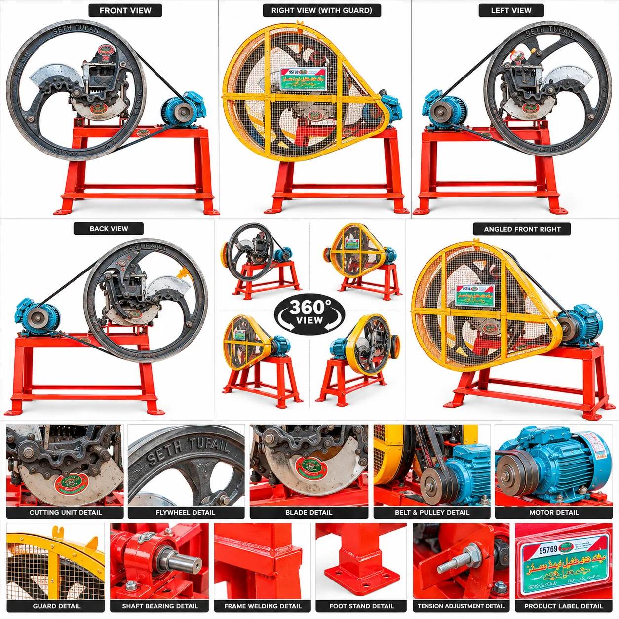 Seth Tufail toka machine shown from the front, back, left and right, with close-ups of the cutting unit, flywheel, belt, motor and stand